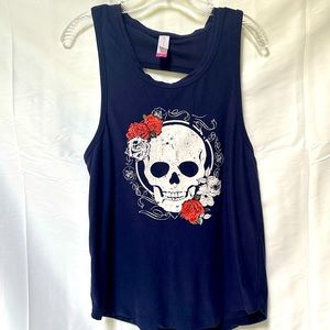 Navy Tunic Tank with skull and rose design.
